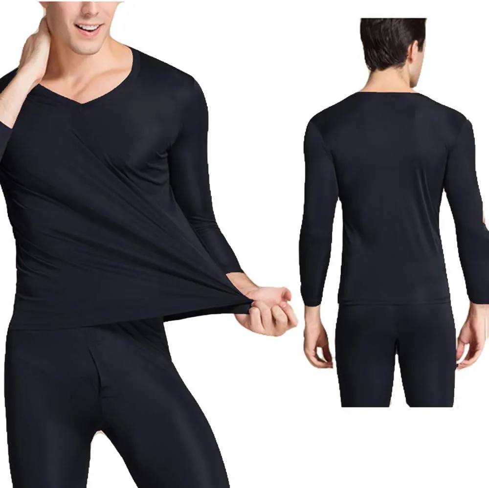 2Pcs Mens Pure Silk Winter Thermal Set Soft Underwear Base Longsleeve Johns Set Crew V Neck Silk Shirt Pants