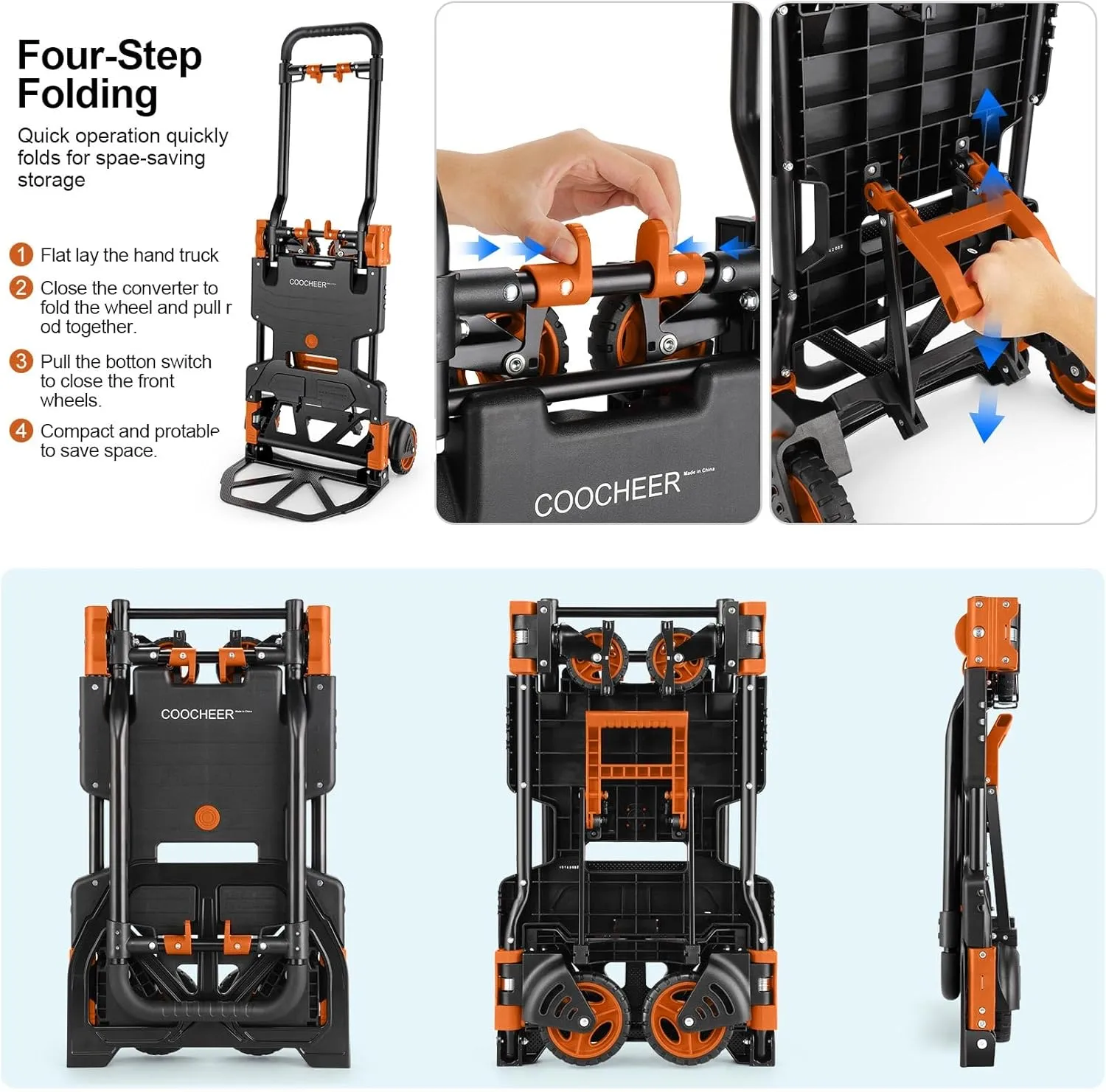 330LB Folding Hand Truck Moving Dolly, Hand Trucks Heavy Duty Combination of 4 Wheels and 2 Wheels Convertible Dolly Cart with Retractable Handle Dolly for Moving Office Carts(Orange)