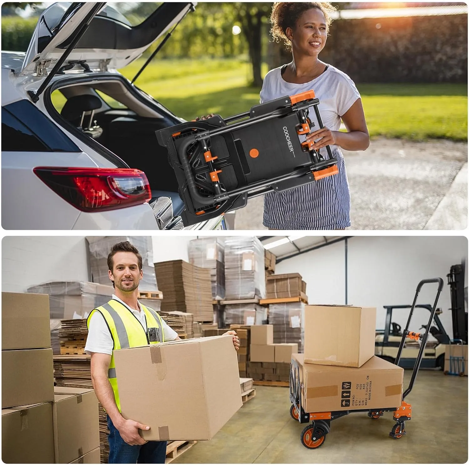 330LB Folding Hand Truck Moving Dolly, Hand Trucks Heavy Duty Combination of 4 Wheels and 2 Wheels Convertible Dolly Cart with Retractable Handle Dolly for Moving Office Carts(Orange)