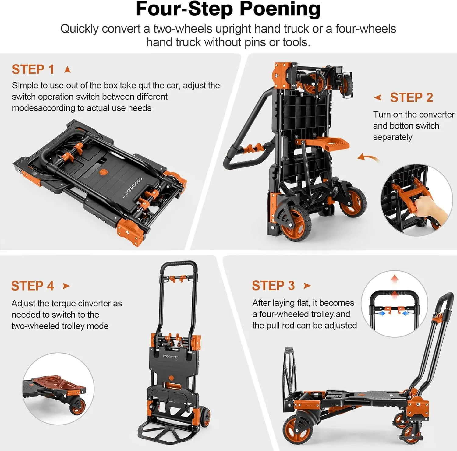330LB Folding Hand Truck Moving Dolly, Hand Trucks Heavy Duty Combination of 4 Wheels and 2 Wheels Convertible Dolly Cart with Retractable Handle Dolly for Moving Office Carts(Orange)