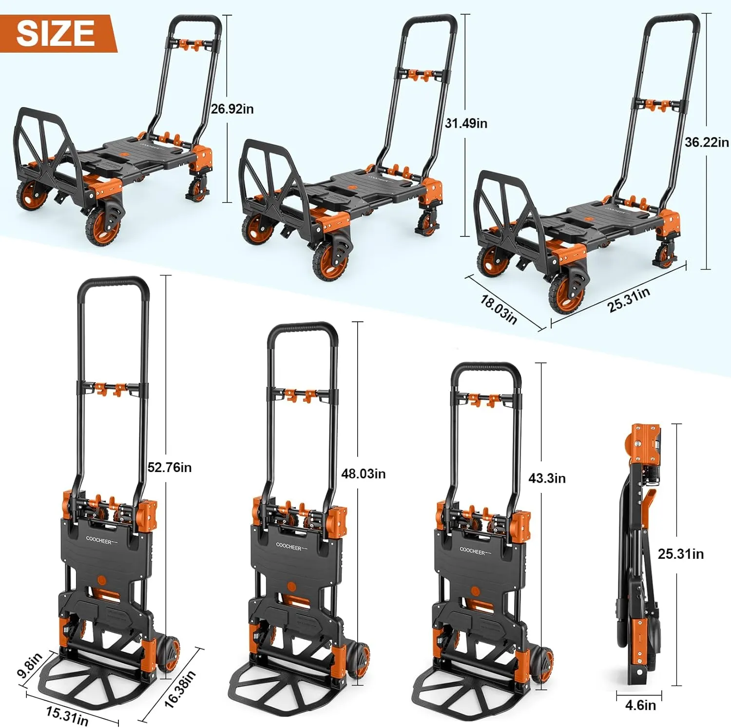 330LB Folding Hand Truck Moving Dolly, Hand Trucks Heavy Duty Combination of 4 Wheels and 2 Wheels Convertible Dolly Cart with Retractable Handle Dolly for Moving Office Carts(Orange)