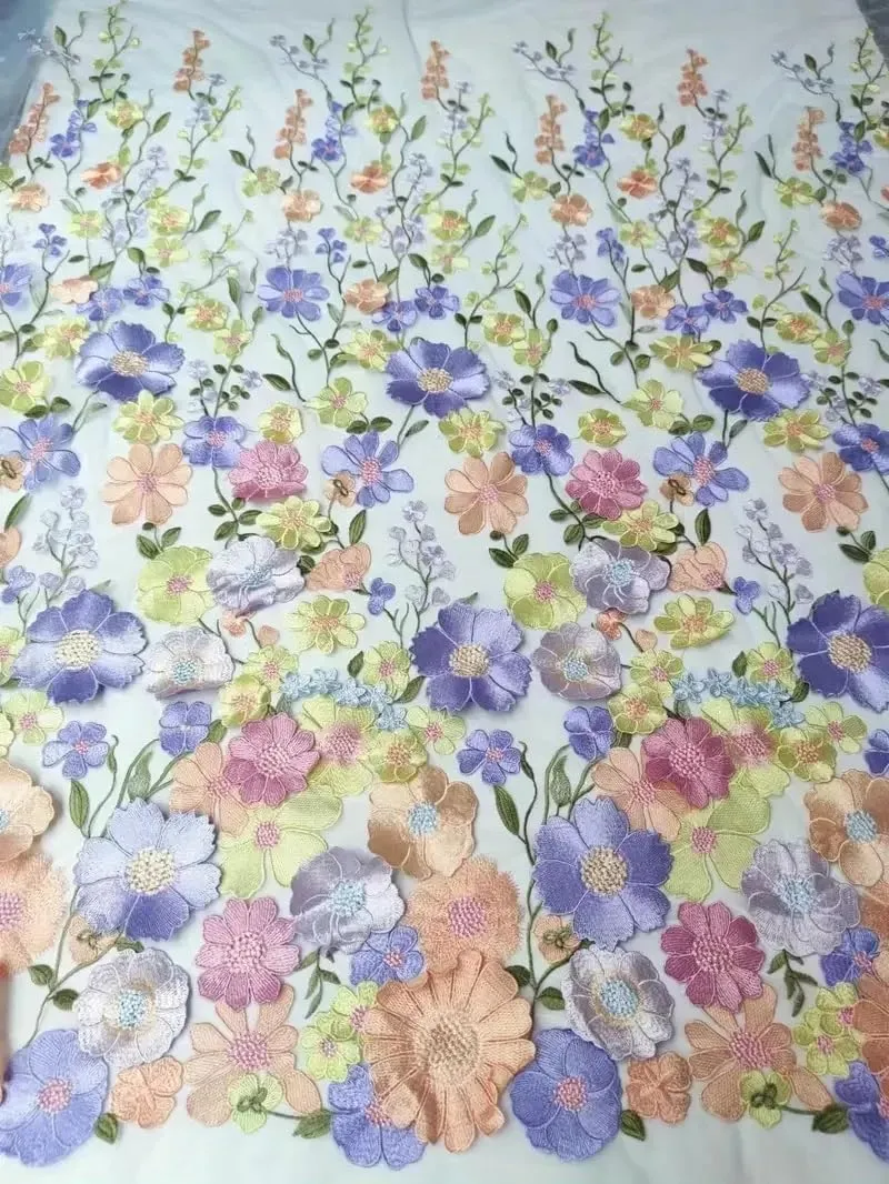 3D Flowers Embroidery Lace Fabric, 59 Inch Wide Soft Tulle Mesh Embroidered Lace Trim for Wedding Dresses Curtain Table Cloth DIY Craft Embellishments (1 Yard,White)