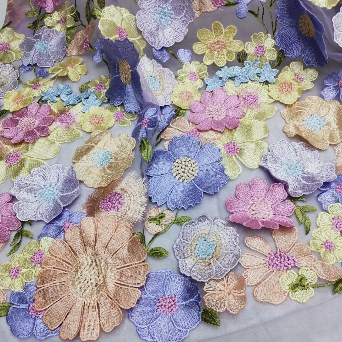 3D Flowers Embroidery Lace Fabric, 59 Inch Wide Soft Tulle Mesh Embroidered Lace Trim for Wedding Dresses Curtain Table Cloth DIY Craft Embellishments (1 Yard,White)
