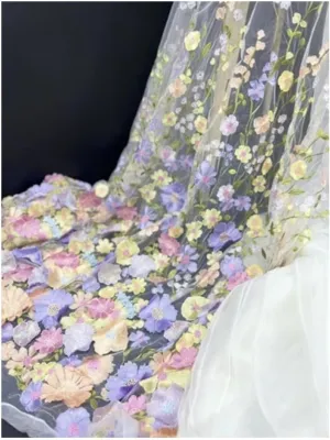 3D Flowers Embroidery Lace Fabric, 59 Inch Wide Soft Tulle Mesh Embroidered Lace Trim for Wedding Dresses Curtain Table Cloth DIY Craft Embellishments (1 Yard,White)