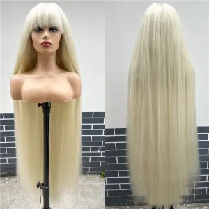 48 Inches Surper Long Straight Wig for Women Flat Bangs Soft Yaki Kinky Wigs for Daily Party Halloween Christmas Cosplay Wig Synthetic Hair Cold Blonde 120CM