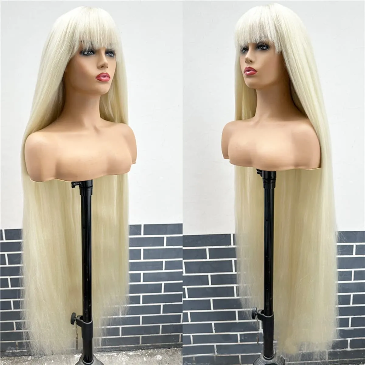 48 Inches Surper Long Straight Wig for Women Flat Bangs Soft Yaki Kinky Wigs for Daily Party Halloween Christmas Cosplay Wig Synthetic Hair Cold Blonde 120CM