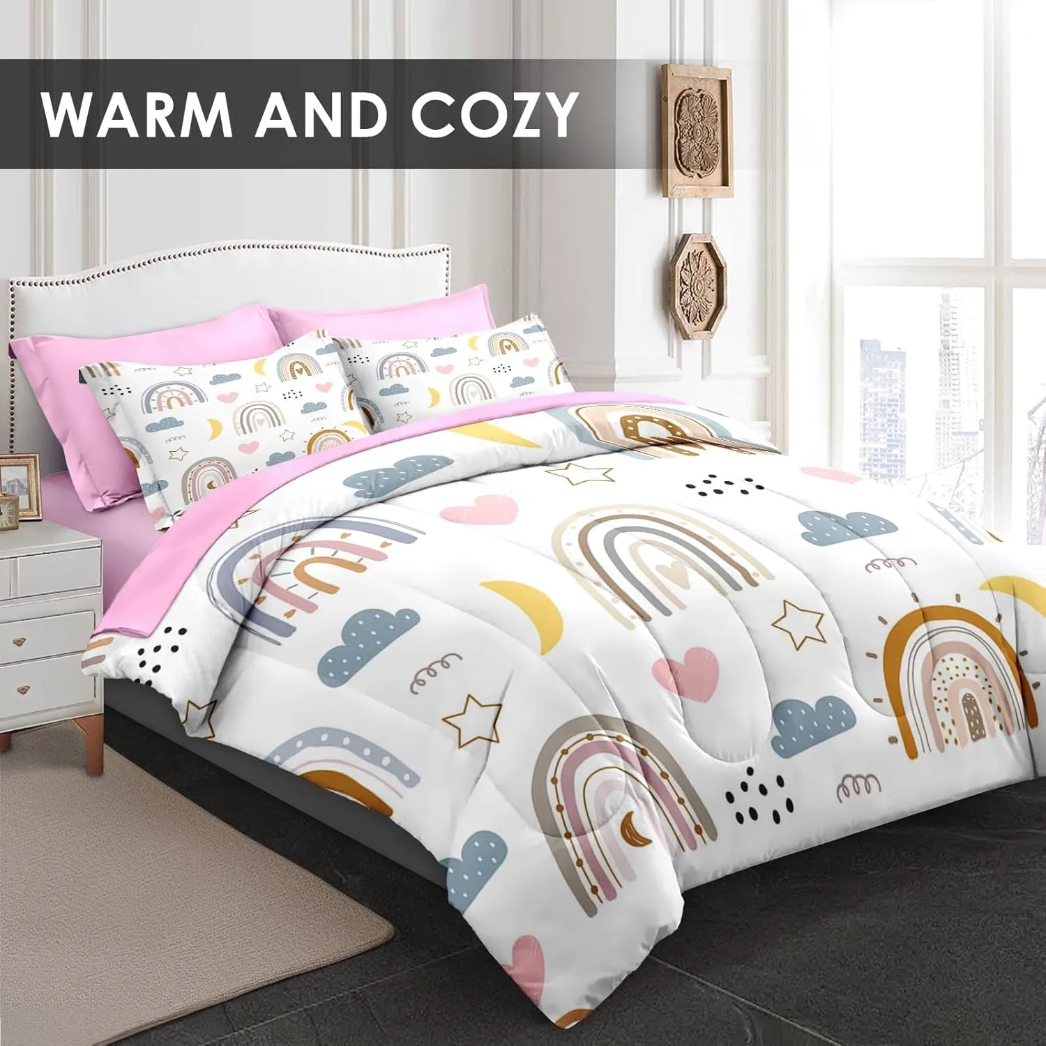 7 Pcs Queen Size Comforter Set with 2 Pillowcases & 2 Shams, Cute Rainbow Nursery Bedding for Kids and Adults, Cartoon Happy Born Bed in a Bag with Flat Fitted Sheet
