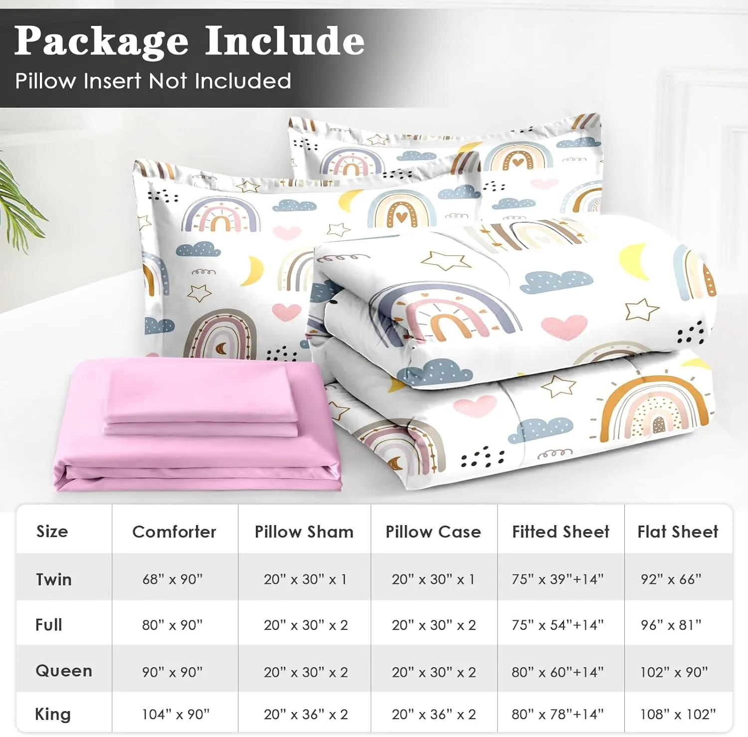 7 Pcs Queen Size Comforter Set with 2 Pillowcases & 2 Shams, Cute Rainbow Nursery Bedding for Kids and Adults, Cartoon Happy Born Bed in a Bag with Flat Fitted Sheet