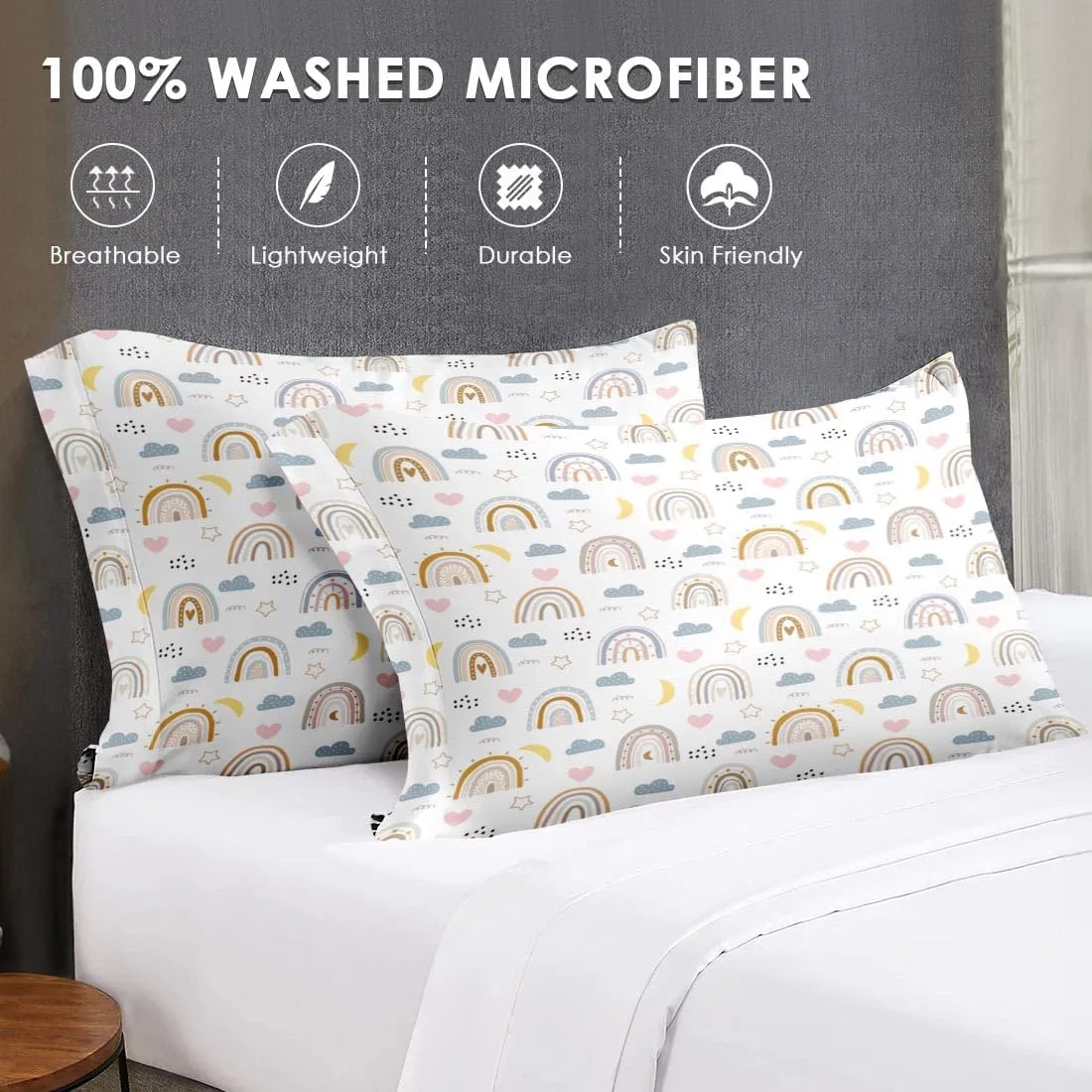7 Pcs Queen Size Comforter Set with 2 Pillowcases & 2 Shams, Cute Rainbow Nursery Bedding for Kids and Adults, Cartoon Happy Born Bed in a Bag with Flat Fitted Sheet