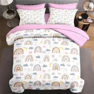 7 Pcs Queen Size Comforter Set with 2 Pillowcases & 2 Shams, Cute Rainbow Nursery Bedding for Kids and Adults, Cartoon Happy Born Bed in a Bag with Flat Fitted Sheet