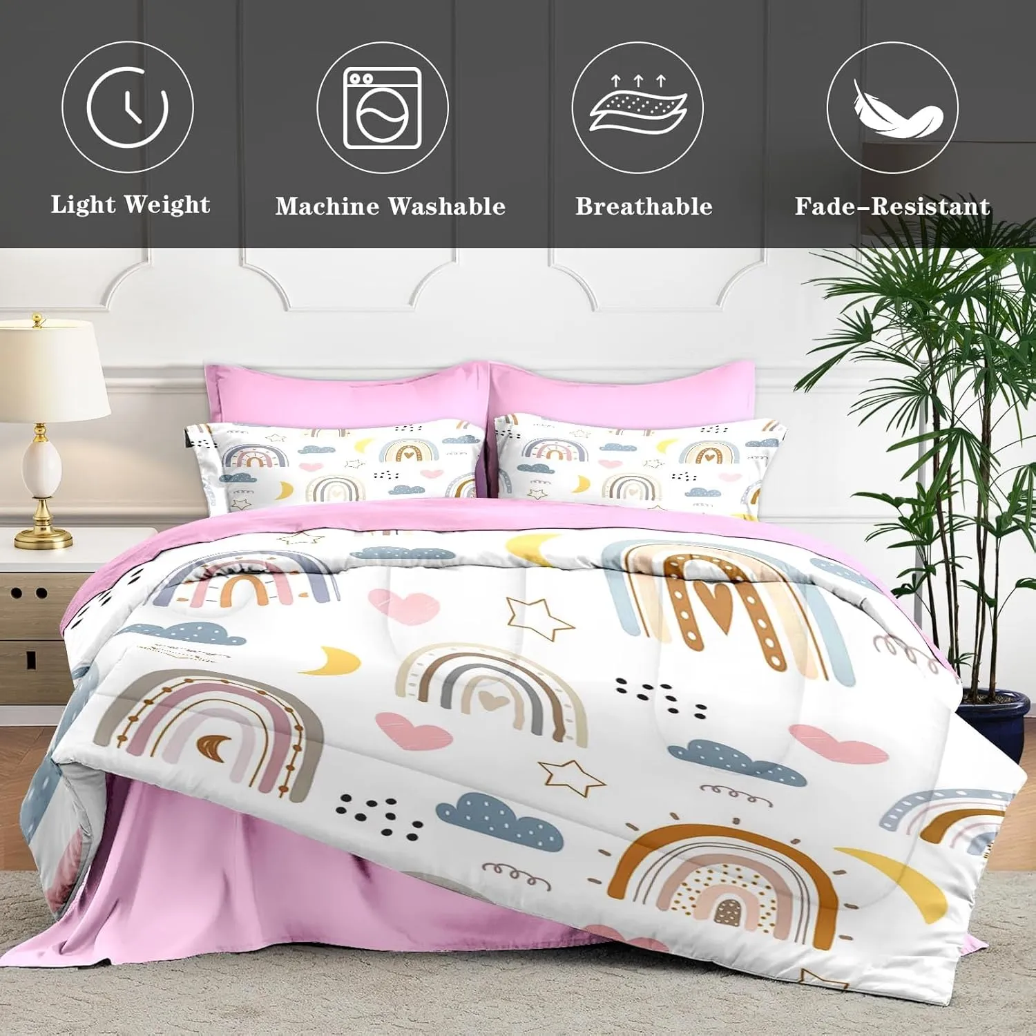 7 Pcs Queen Size Comforter Set with 2 Pillowcases & 2 Shams, Cute Rainbow Nursery Bedding for Kids and Adults, Cartoon Happy Born Bed in a Bag with Flat Fitted Sheet