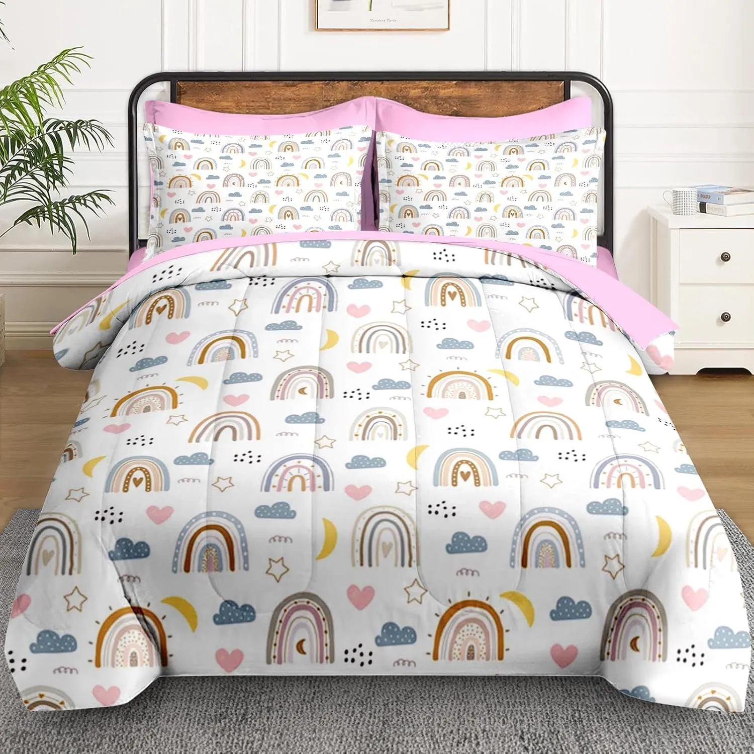 7 Pcs Queen Size Comforter Set with 2 Pillowcases & 2 Shams, Cute Rainbow Nursery Bedding for Kids and Adults, Cartoon Happy Born Bed in a Bag with Flat Fitted Sheet