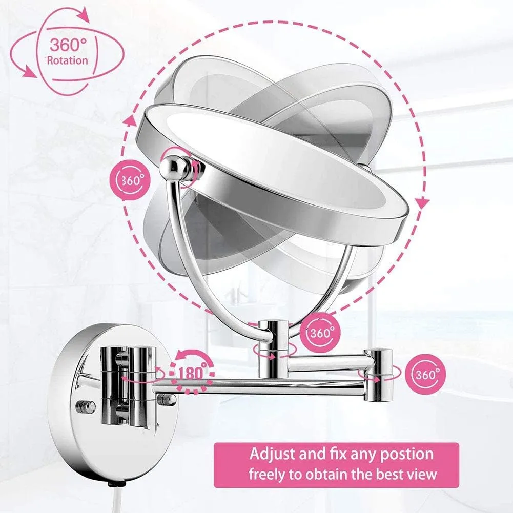 8-Inch Wall Mounted Makeup Mirror with Magnification, Two-Sided Extendable, 360 Degree Swivel, Extendable Arm, Round(Bright Silver,10x)