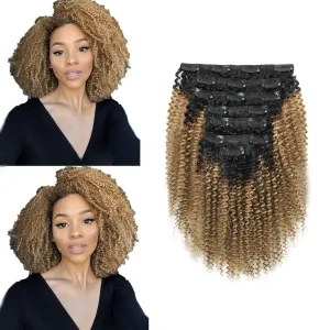 ABH AMAZINGBEAUTY HAIR 4A 4B Curly Clip in Hair Extensions Human Hair Afro Curly Clip ins for Black Women 120g 7 Pieces With 17 Clips, Rooted Black to Blonde 12 Inch
