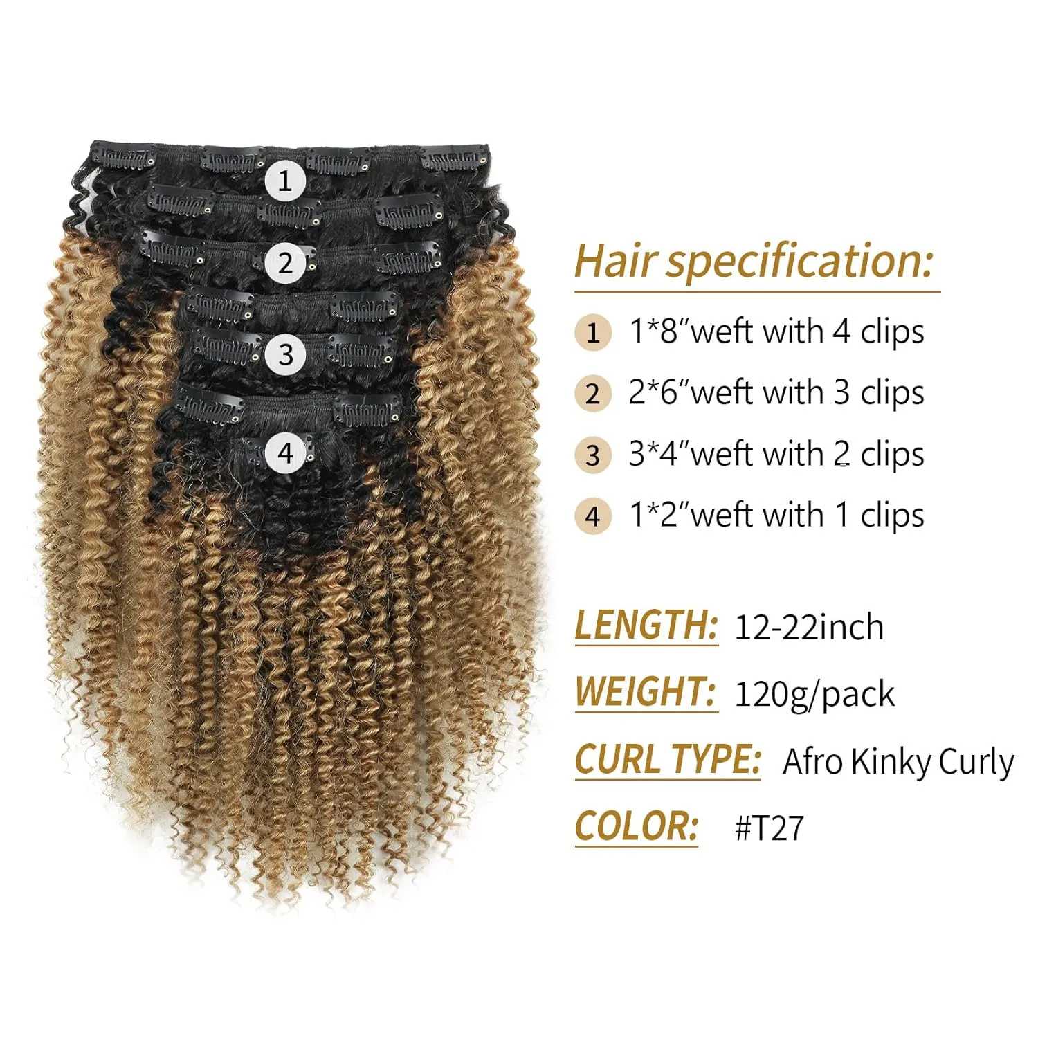ABH AMAZINGBEAUTY HAIR 4A 4B Curly Clip in Hair Extensions Human Hair Afro Curly Clip ins for Black Women 120g 7 Pieces With 17 Clips, Rooted Black to Blonde 12 Inch