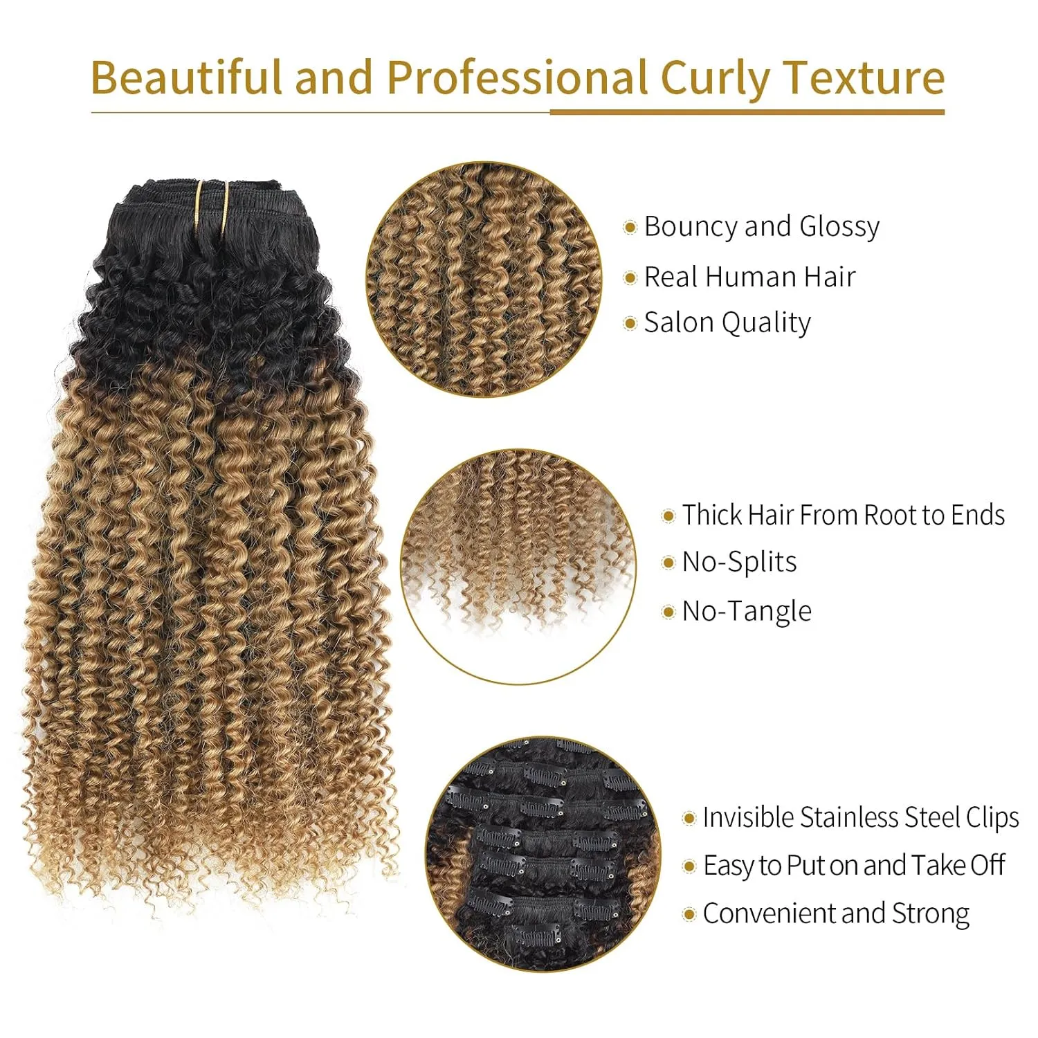 ABH AMAZINGBEAUTY HAIR 4A 4B Curly Clip in Hair Extensions Human Hair Afro Curly Clip ins for Black Women 120g 7 Pieces With 17 Clips, Rooted Black to Blonde 12 Inch