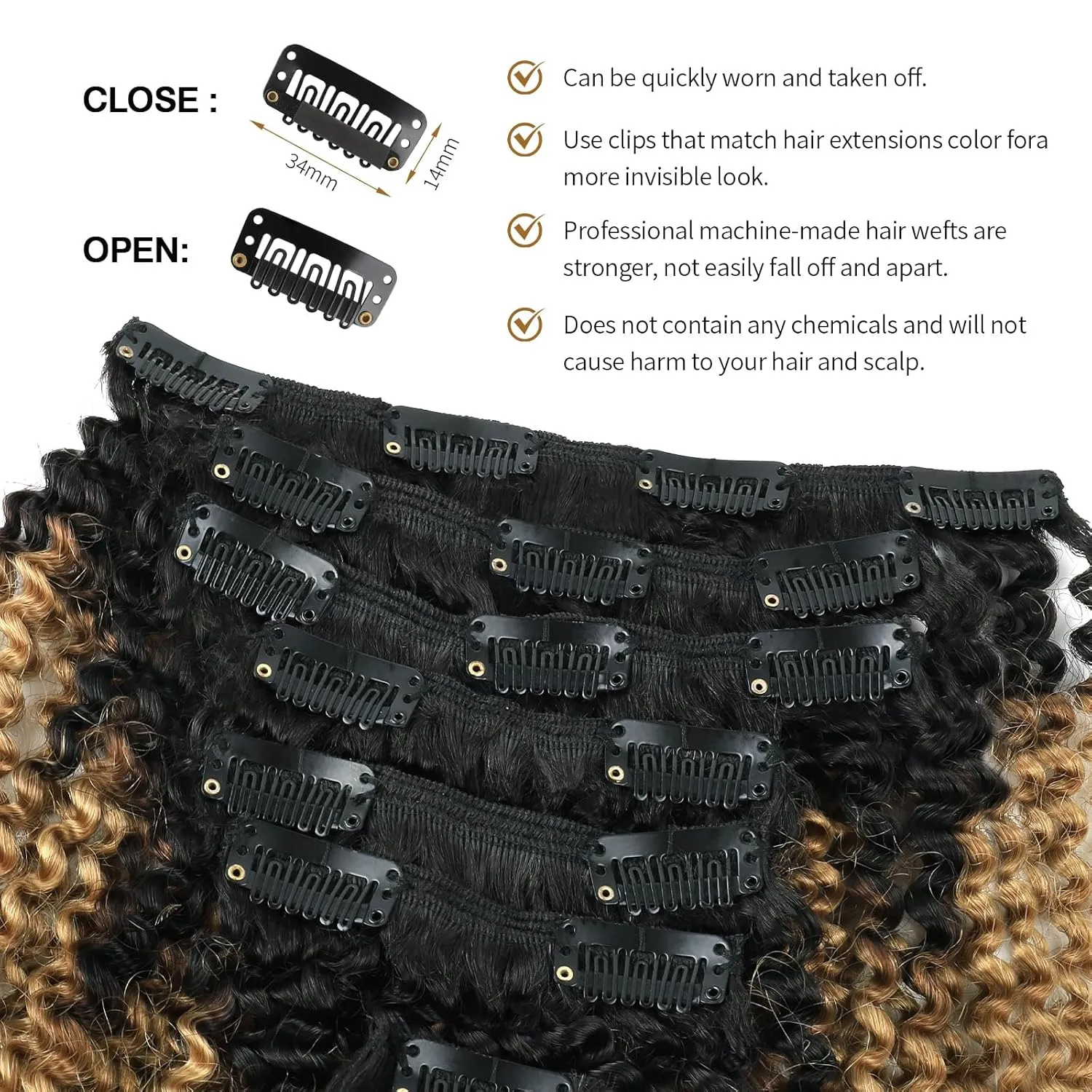 ABH AMAZINGBEAUTY HAIR 4A 4B Curly Clip in Hair Extensions Human Hair Afro Curly Clip ins for Black Women 120g 7 Pieces With 17 Clips, Rooted Black to Blonde 12 Inch