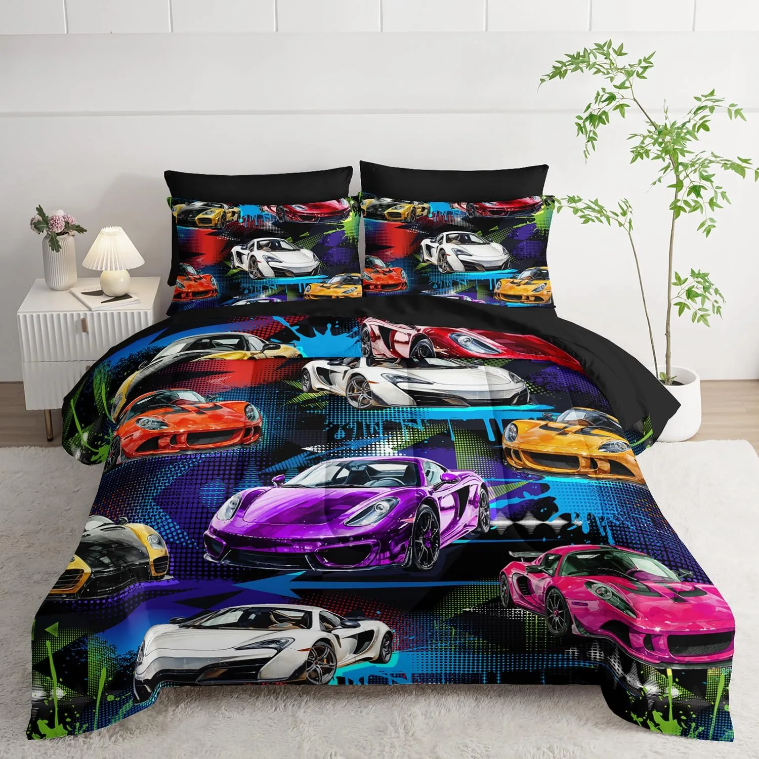 AILONEN 7-Piece Racing Car Comforter Sets Full Size,Extreme Sports Bedding Set Bed in a Bag for Kids Boys Teens,Cool Speed Race Comforter & Fitted Sheet with Flat Sheet & 2 Pillowcases,2 Pillow Shams