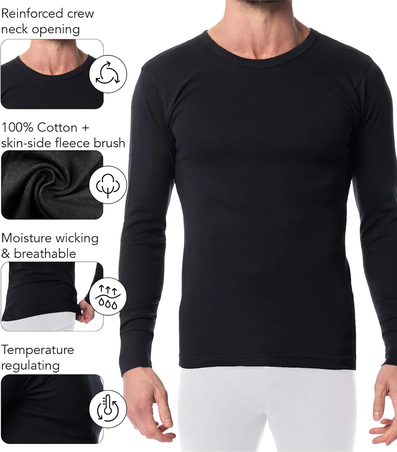 AMERICAN HEAVEN Mens' Baselayer Long Sleeve Top | 100% Cotton Crew Neck Shirt | Fleece Brush Flat Knit | 3 Pack