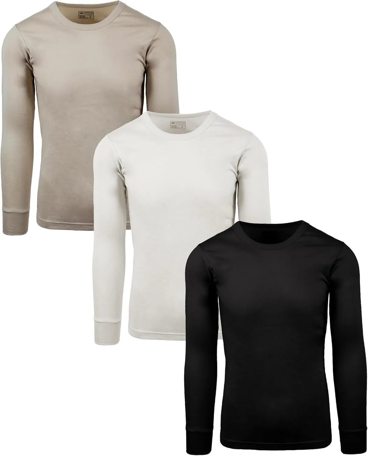 AMERICAN HEAVEN Mens' Baselayer Long Sleeve Top | 100% Cotton Crew Neck Shirt | Fleece Brush Flat Knit | 3 Pack