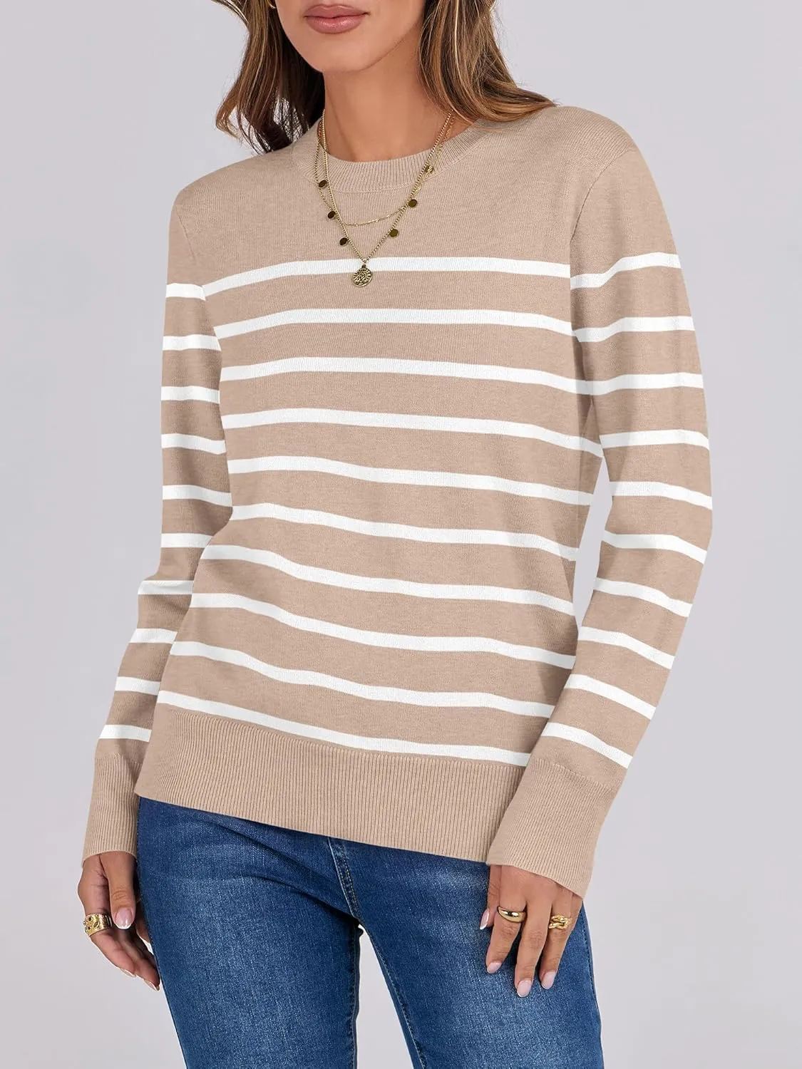 ANRABESS Women's Long Sleeve Crewneck Classic 2025 Fall Soft Loose Fit Basic Pullover Sweaters Top
