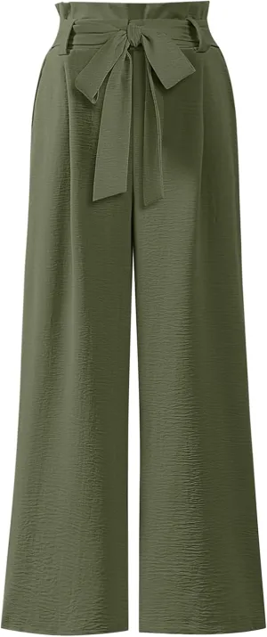 ANRABESS Womens Wide Leg Palazzo Pants Belted High Waisted Business Casual Flowy Long Trousers with Pockets