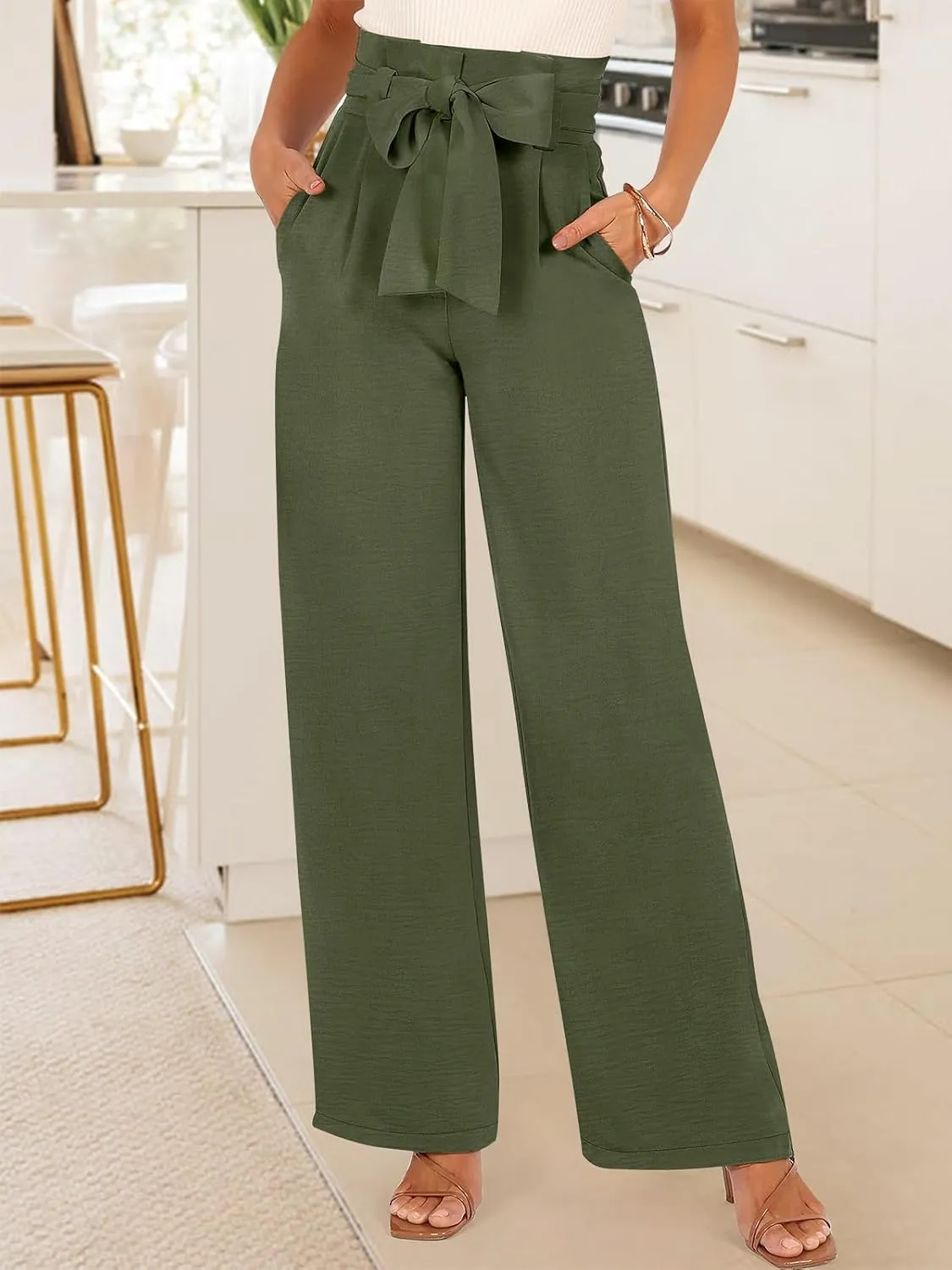 ANRABESS Womens Wide Leg Palazzo Pants Belted High Waisted Business Casual Flowy Long Trousers with Pockets