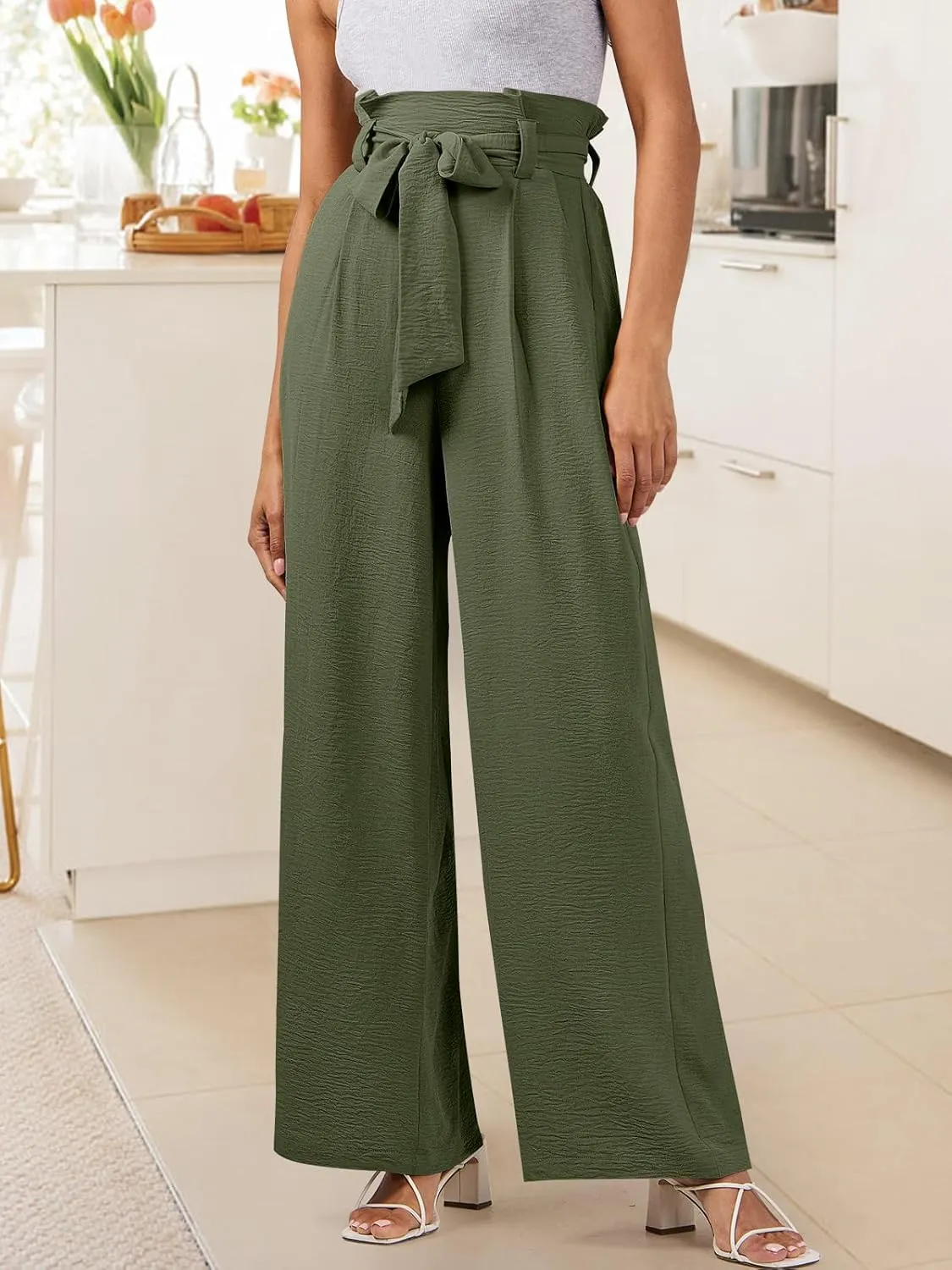 ANRABESS Womens Wide Leg Palazzo Pants Belted High Waisted Business Casual Flowy Long Trousers with Pockets