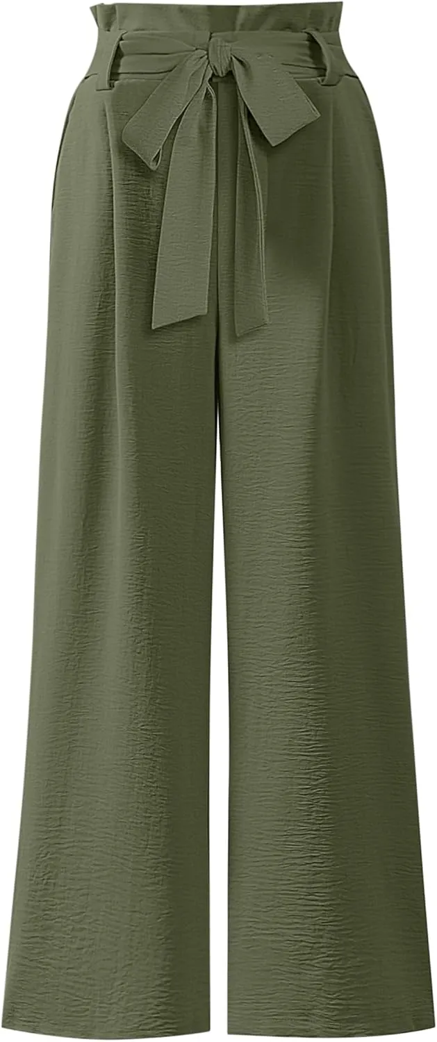 ANRABESS Womens Wide Leg Palazzo Pants Belted High Waisted Business Casual Flowy Long Trousers with Pockets