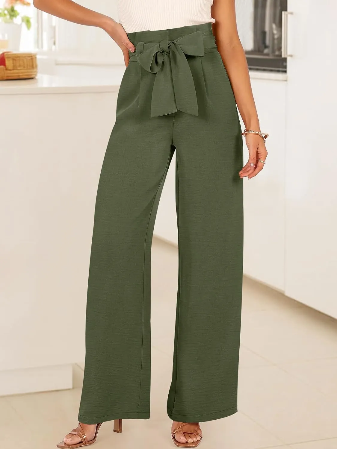 ANRABESS Womens Wide Leg Palazzo Pants Belted High Waisted Business Casual Flowy Long Trousers with Pockets
