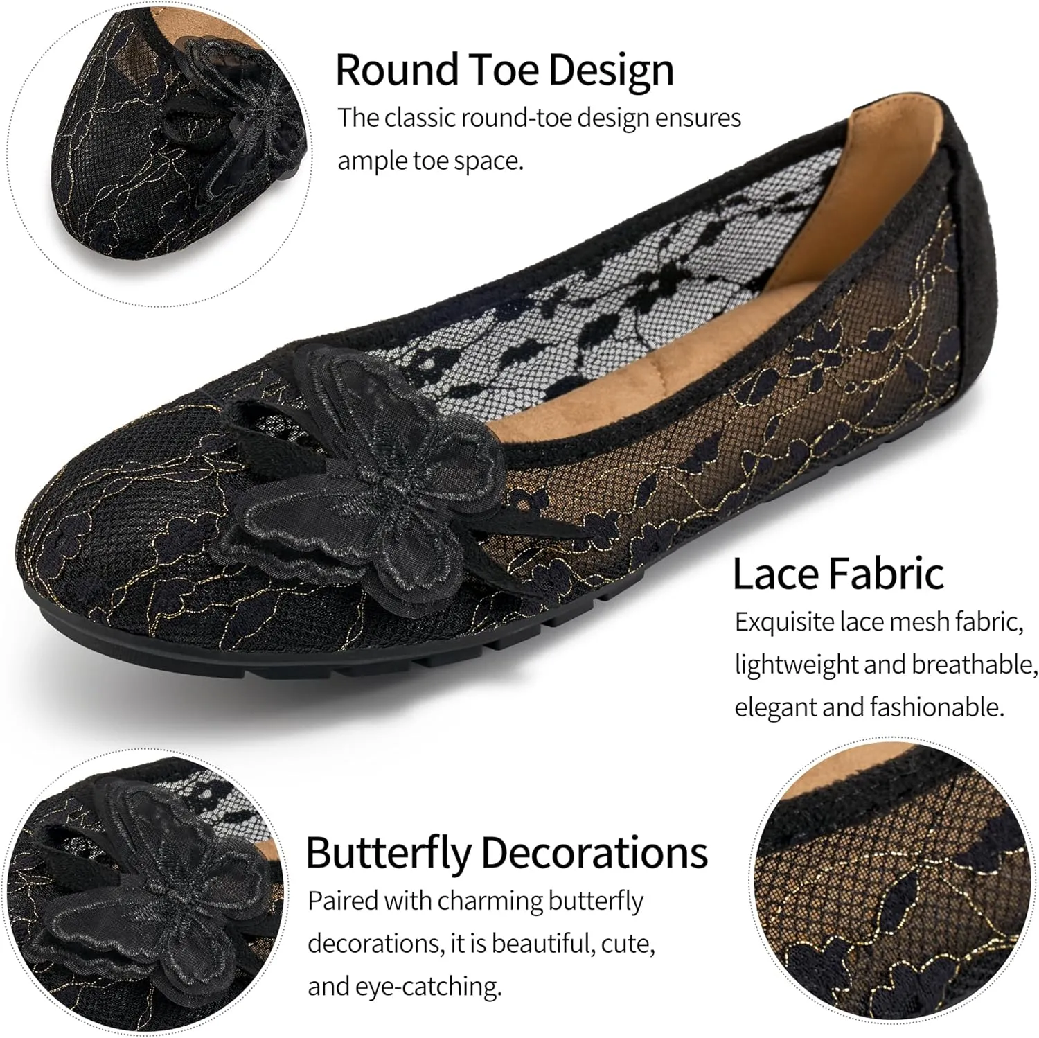 Aomigoct Ballet Flats Shoes for Women: Dress Comfortable Lace Womens Flats - Soft Casual Wedding Work Shoe