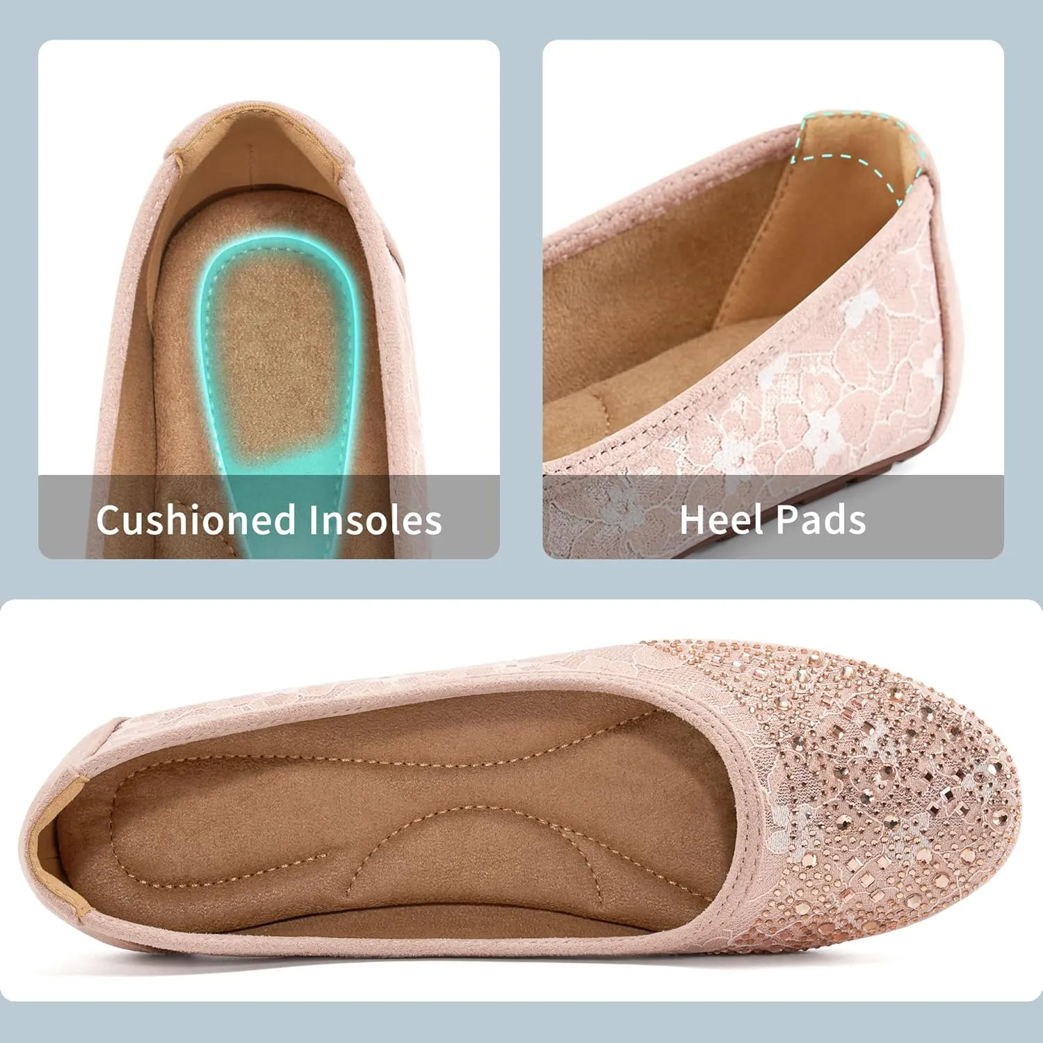 Ballet Flats for Women Dressy : Comfortable Dress Rhinestone Lace Wedding Flat - Ladies Slip On Walking Office Shoes