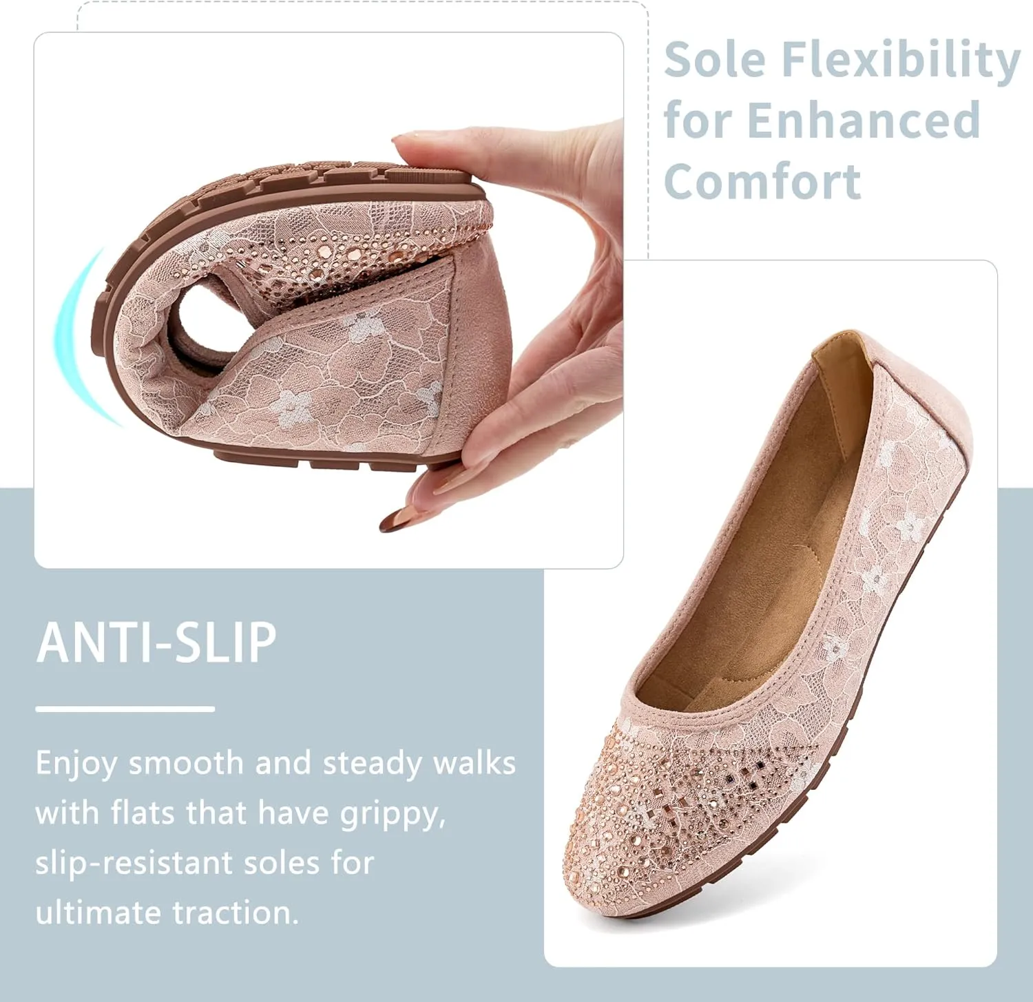 Ballet Flats for Women Dressy : Comfortable Dress Rhinestone Lace Wedding Flat - Ladies Slip On Walking Office Shoes
