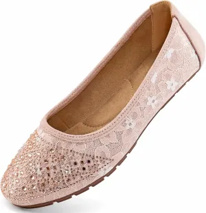 Ballet Flats for Women Dressy : Comfortable Dress Rhinestone Lace Wedding Flat - Ladies Slip On Walking Office Shoes