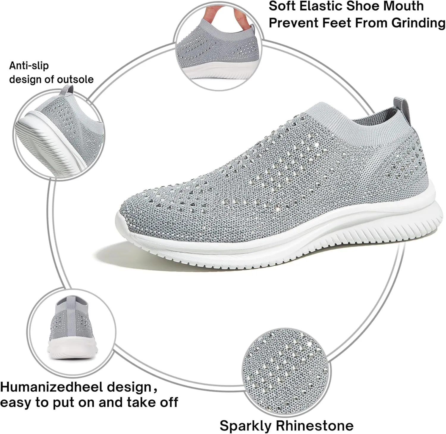 BELOS Women's Rhinestone Mesh Slip On Walking Shoes Fashion Breathable Spakle Glitter Sneaker