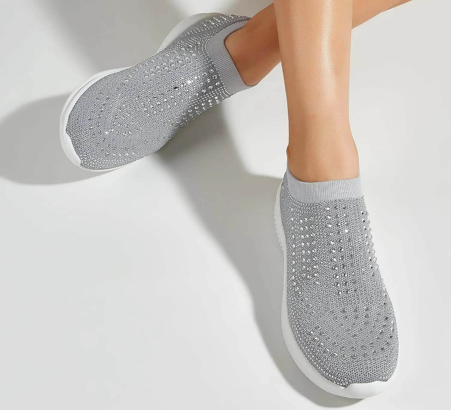BELOS Women's Rhinestone Mesh Slip On Walking Shoes Fashion Breathable Spakle Glitter Sneaker
