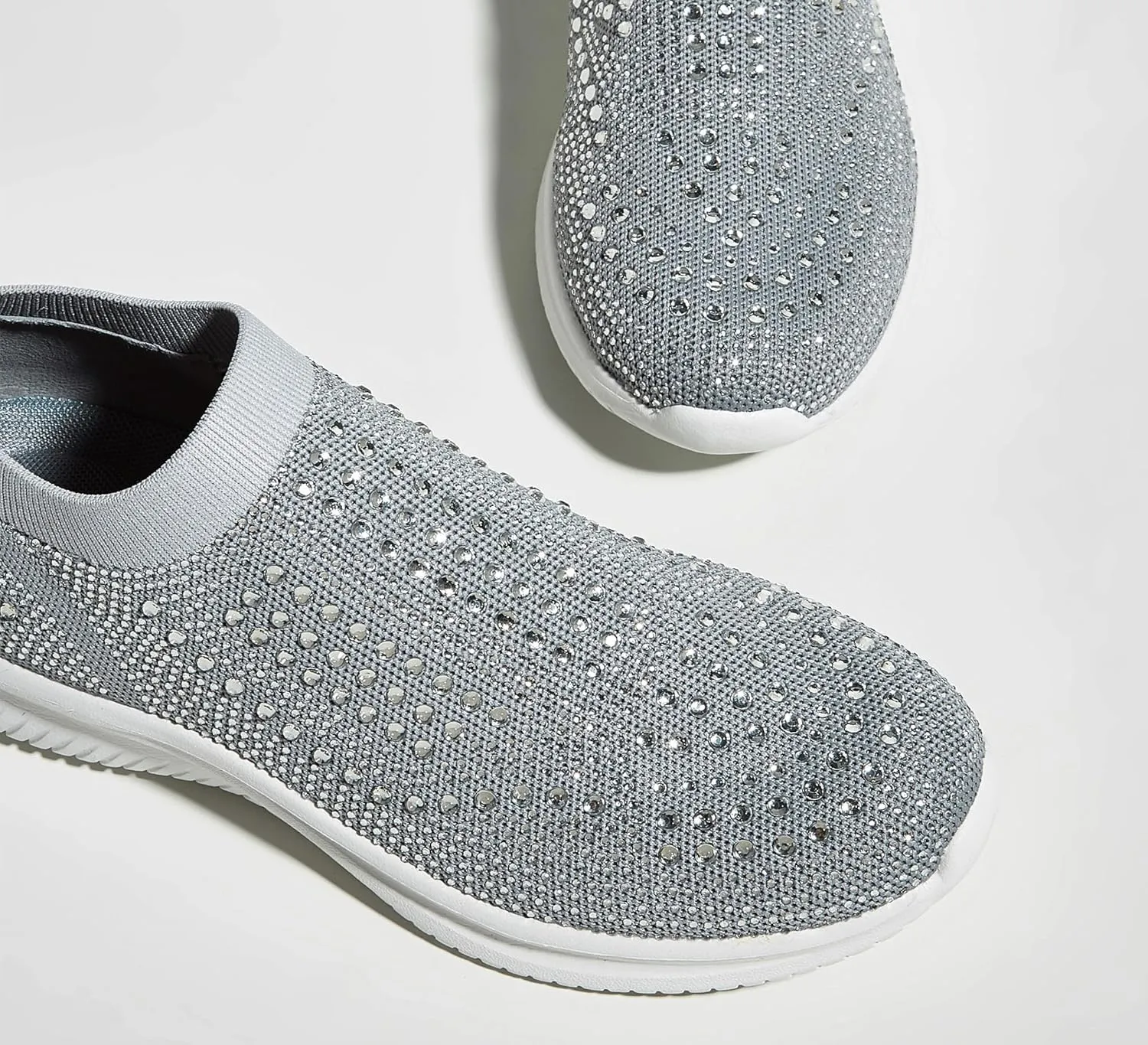 BELOS Women's Rhinestone Mesh Slip On Walking Shoes Fashion Breathable Spakle Glitter Sneaker