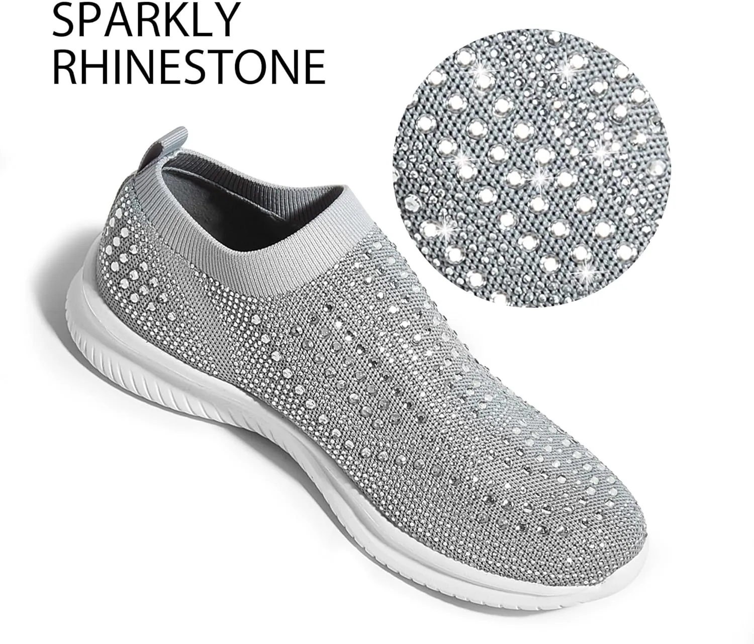 BELOS Women's Rhinestone Mesh Slip On Walking Shoes Fashion Breathable Spakle Glitter Sneaker