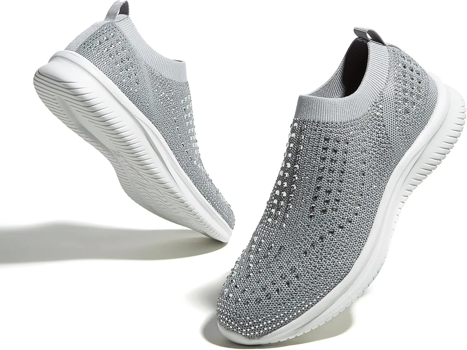 BELOS Women's Rhinestone Mesh Slip On Walking Shoes Fashion Breathable Spakle Glitter Sneaker