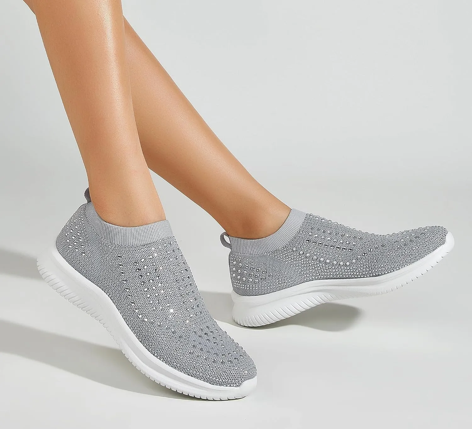 BELOS Women's Rhinestone Mesh Slip On Walking Shoes Fashion Breathable Spakle Glitter Sneaker