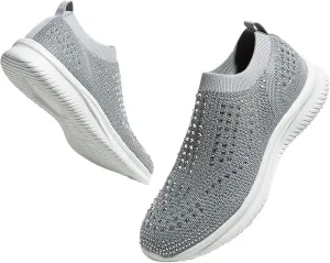 BELOS Women's Rhinestone Mesh Slip On Walking Shoes Fashion Breathable Spakle Glitter Sneaker