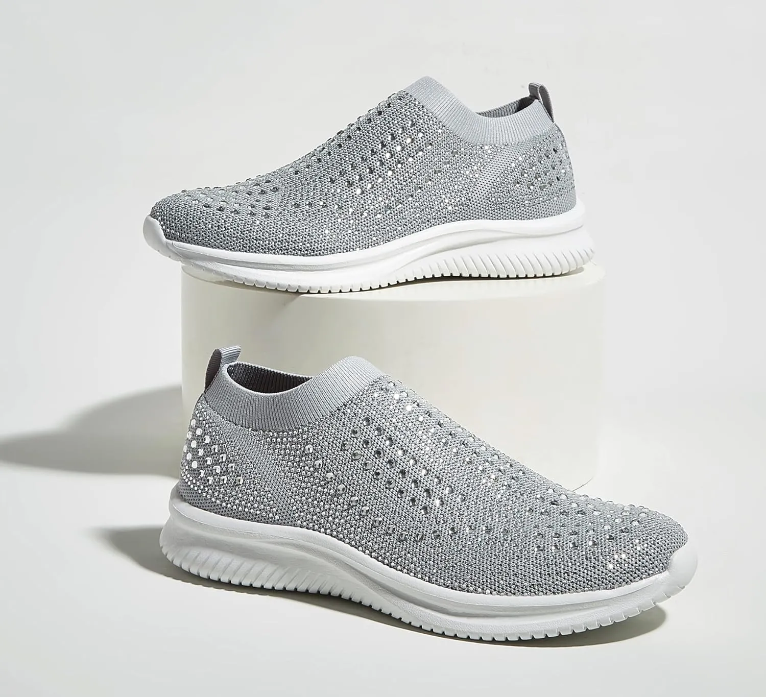 BELOS Women's Rhinestone Mesh Slip On Walking Shoes Fashion Breathable Spakle Glitter Sneaker
