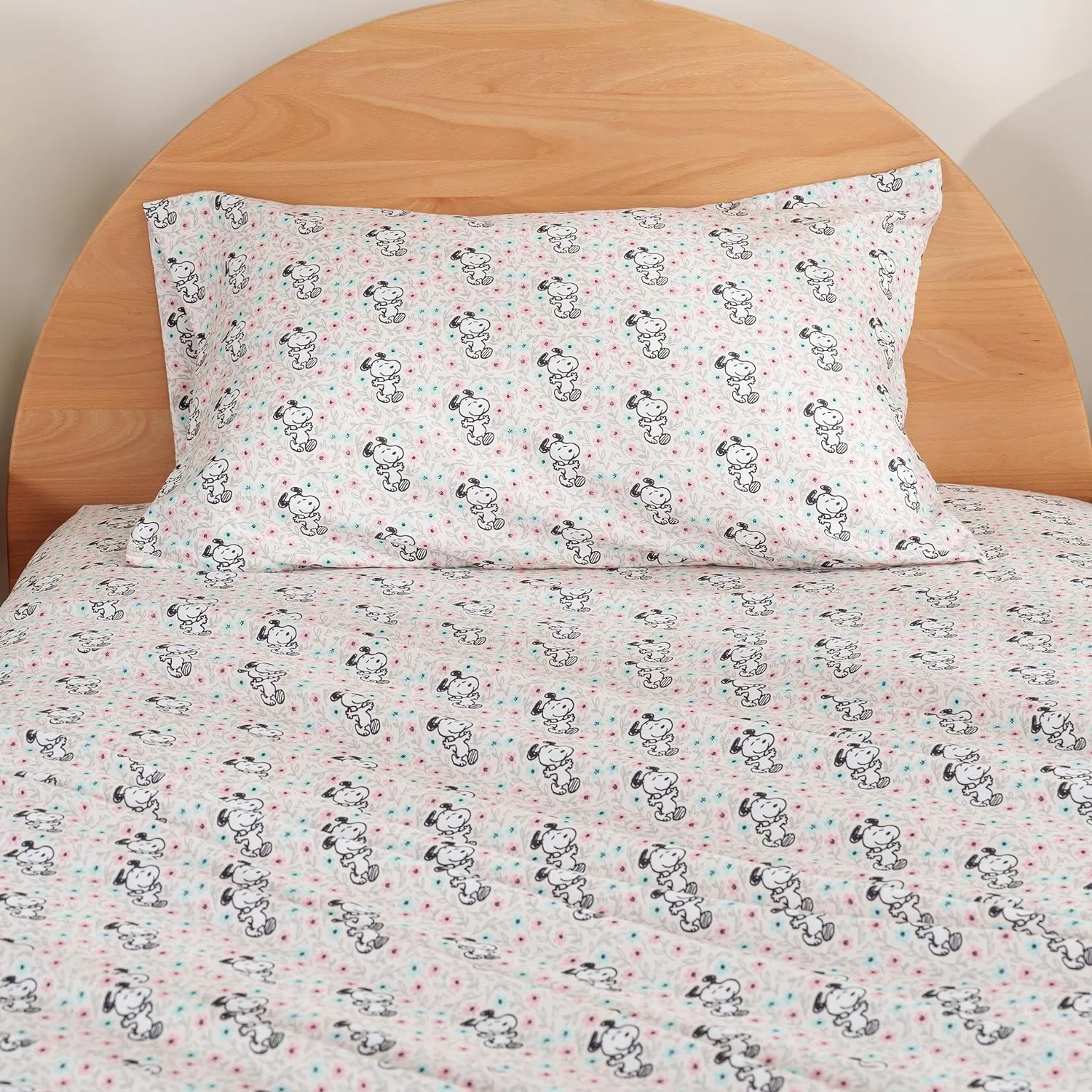 Berkshire Blanket Peanuts® Kids Sheet Set Queen Size - 4 Pieces,Cute Character Snoopy Printed Soft Microfiber Bed Sheets,Mini Snoopy Spring Floral Happy Dance Soft Grey