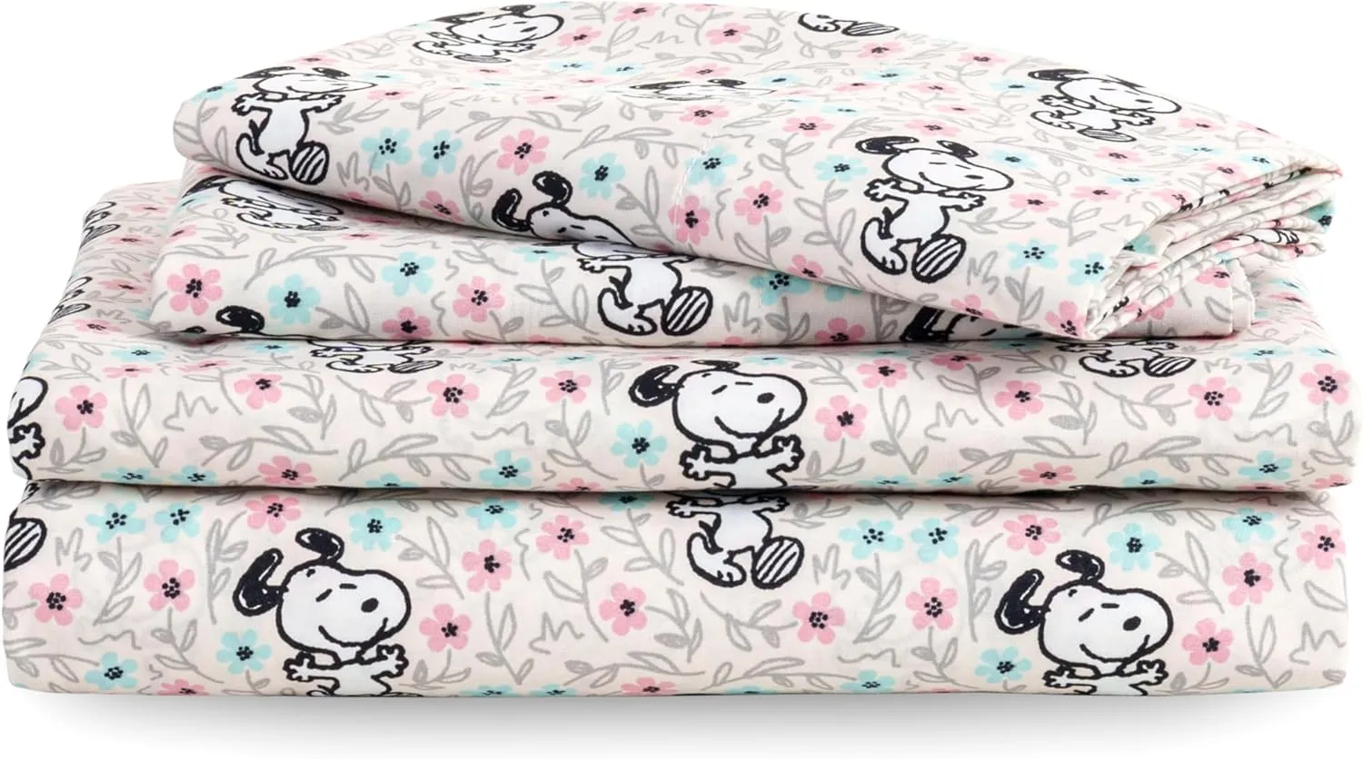 Berkshire Blanket Peanuts® Kids Sheet Set Queen Size - 4 Pieces,Cute Character Snoopy Printed Soft Microfiber Bed Sheets,Mini Snoopy Spring Floral Happy Dance Soft Grey