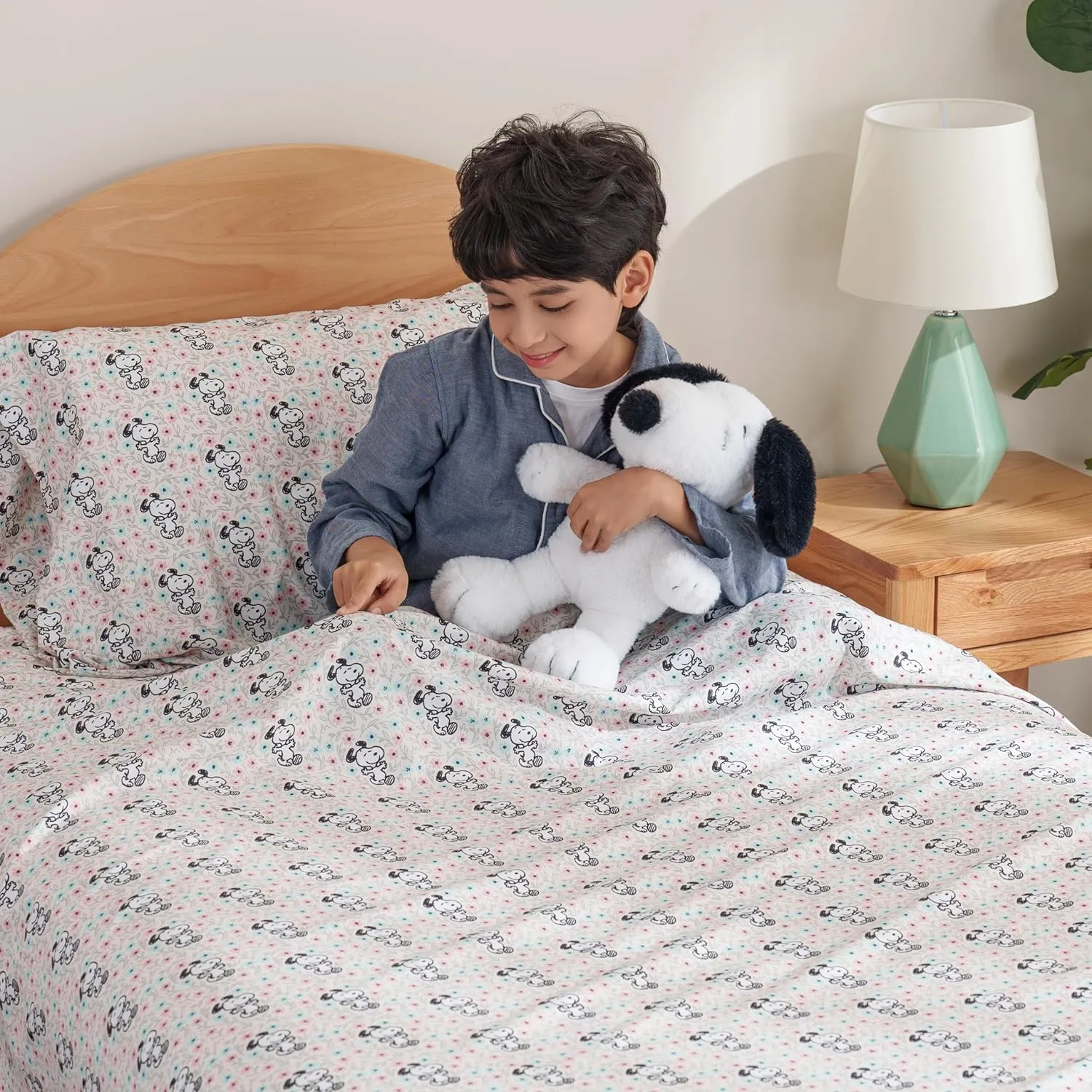 Berkshire Blanket Peanuts® Kids Sheet Set Queen Size - 4 Pieces,Cute Character Snoopy Printed Soft Microfiber Bed Sheets,Mini Snoopy Spring Floral Happy Dance Soft Grey