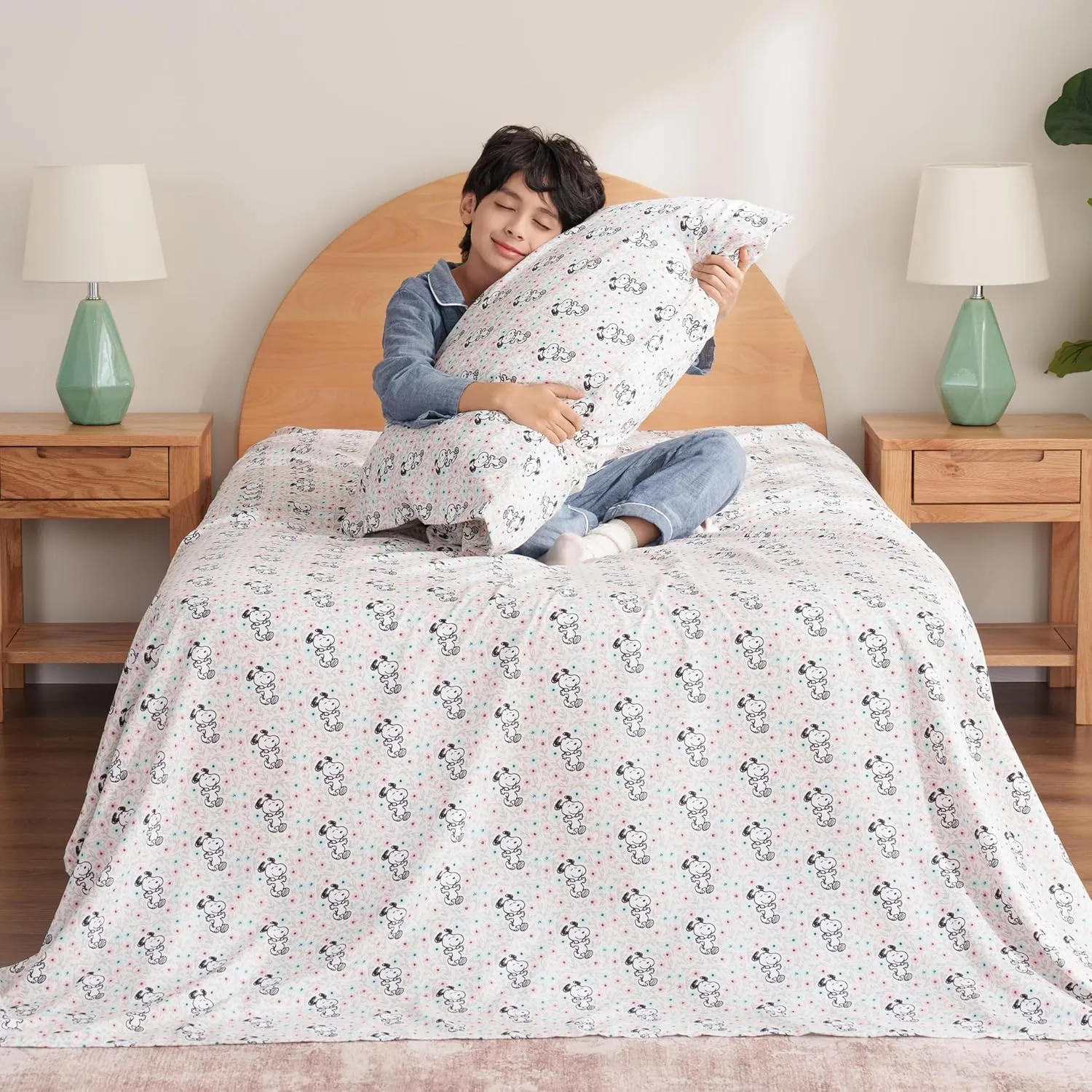 Berkshire Blanket Peanuts® Kids Sheet Set Queen Size - 4 Pieces,Cute Character Snoopy Printed Soft Microfiber Bed Sheets,Mini Snoopy Spring Floral Happy Dance Soft Grey