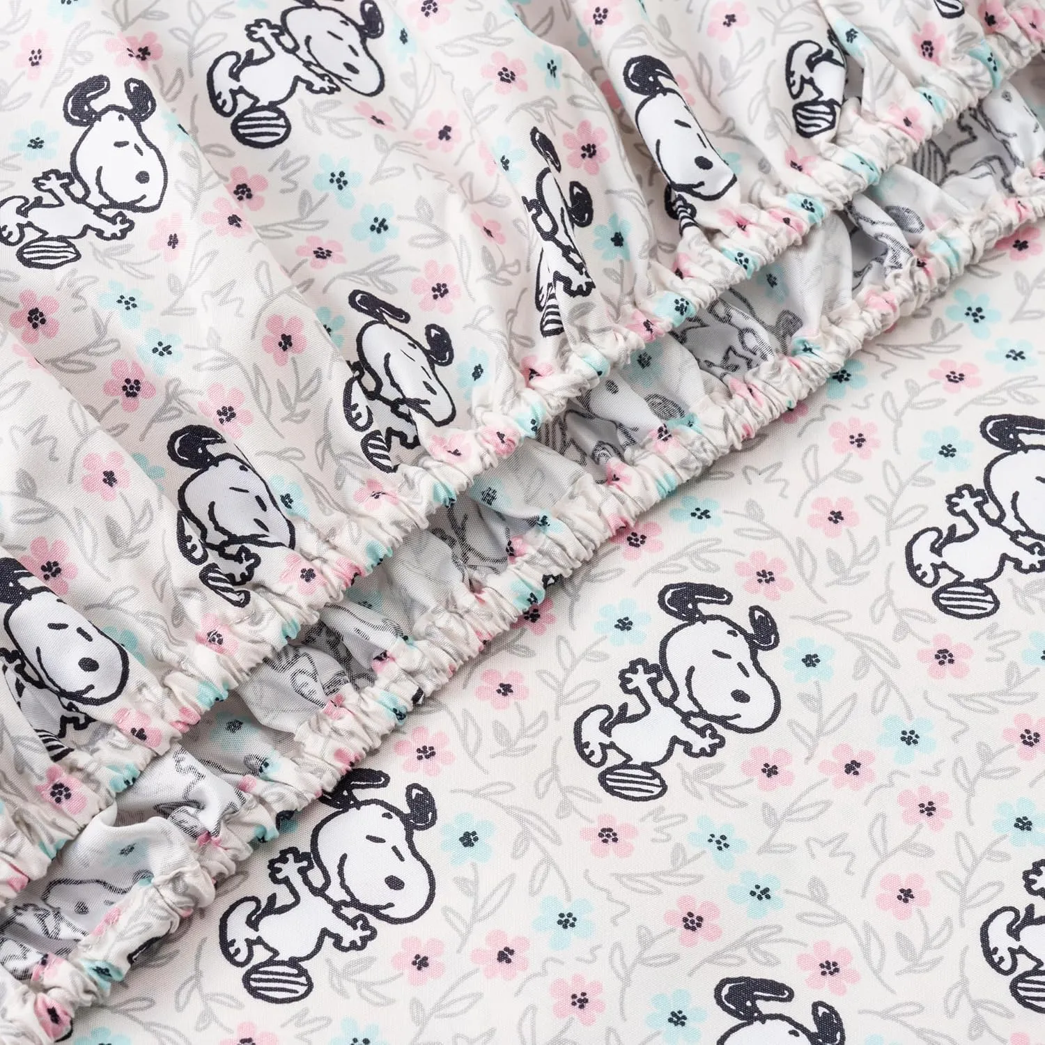 Berkshire Blanket Peanuts® Kids Sheet Set Queen Size - 4 Pieces,Cute Character Snoopy Printed Soft Microfiber Bed Sheets,Mini Snoopy Spring Floral Happy Dance Soft Grey