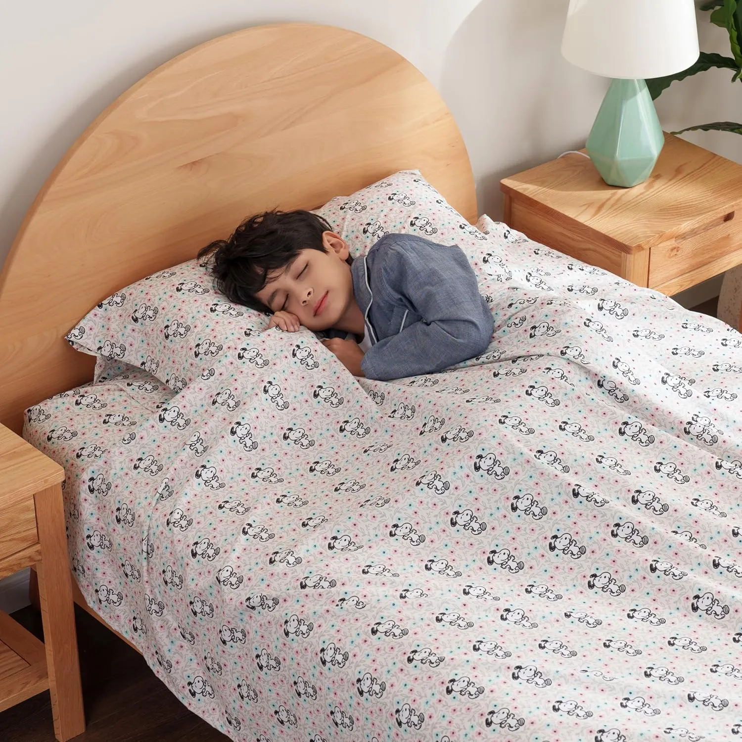 Berkshire Blanket Peanuts® Kids Sheet Set Queen Size - 4 Pieces,Cute Character Snoopy Printed Soft Microfiber Bed Sheets,Mini Snoopy Spring Floral Happy Dance Soft Grey
