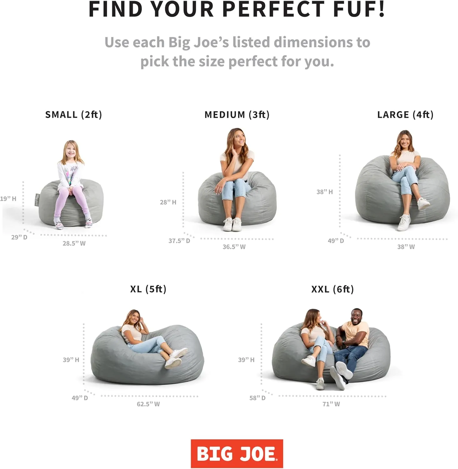 Big Joe Fuf Small Foam Filled Bean Bag Chair, Gray Plush, Soft Polyester, 2 feet