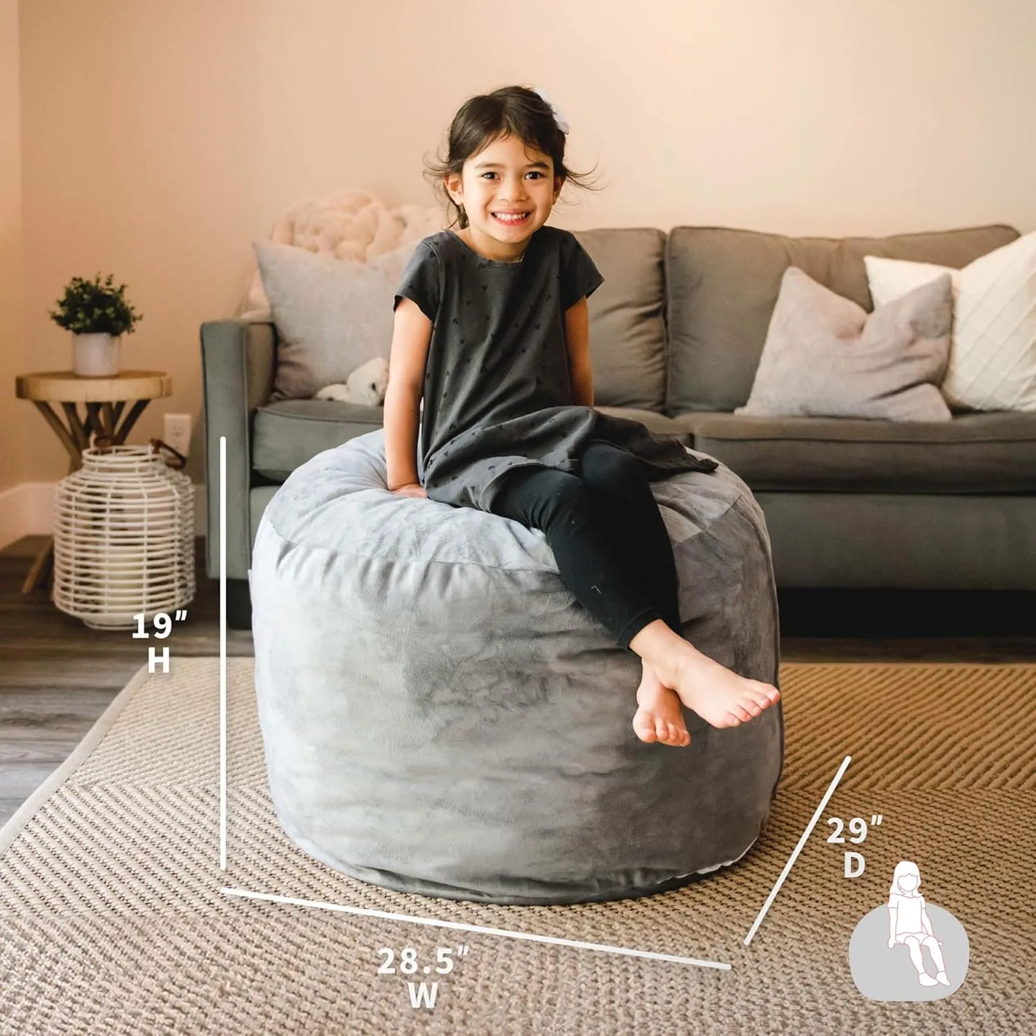 Big Joe Fuf Small Foam Filled Bean Bag Chair, Gray Plush, Soft Polyester, 2 feet
